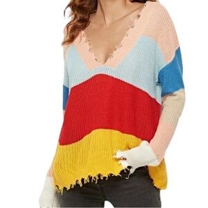 Sandoval Medium Color Block Stripe Raw Hem Long Sleeve V Neck Sweater Top R1